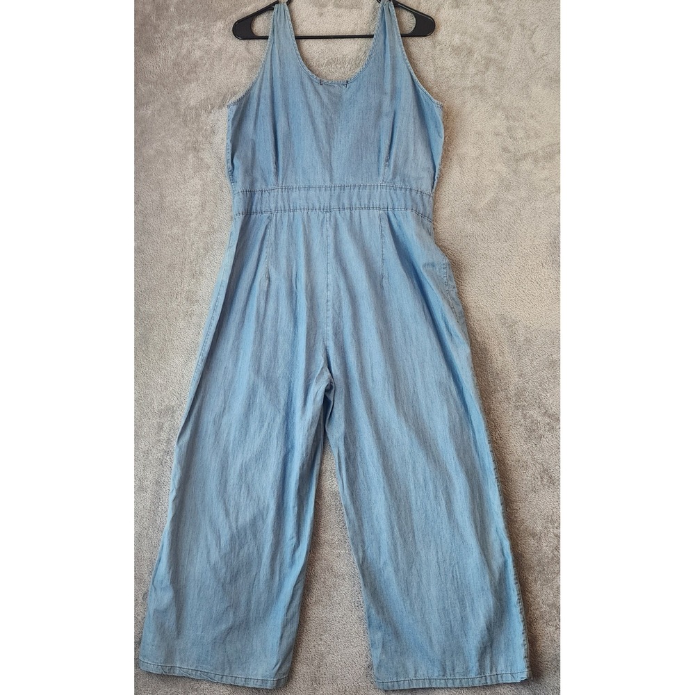 Taxi Jumpsuit Womens Large Light Blue Chambray Tie Front Wide Leg Sleeveless - Picture 2 of 8
